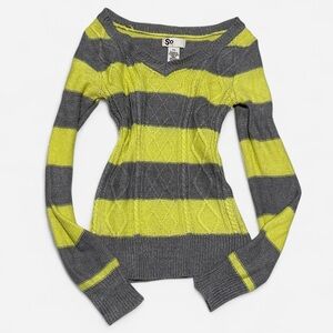 SO Women's V-Neck Sweater in Gray and Yellow Stripes